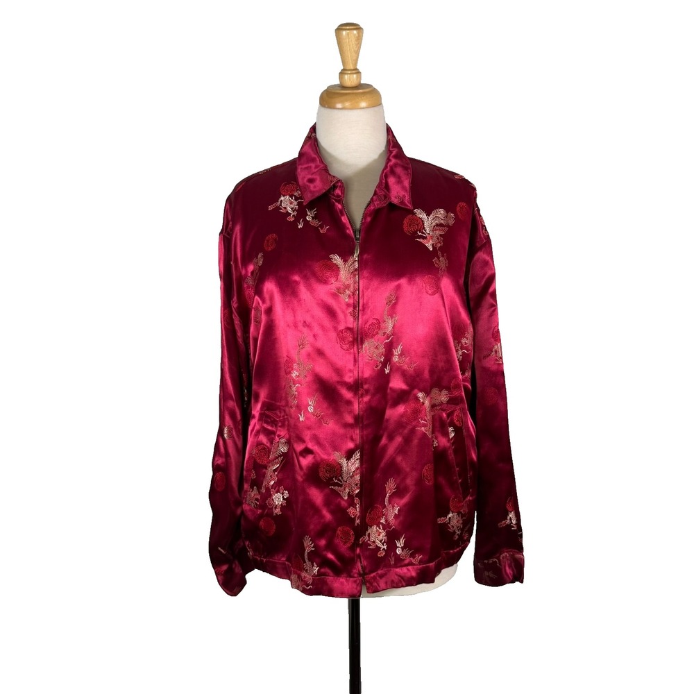 Chico's Deisgn VTG Silk Look Asian Pattern‎ Zip Up Jacket